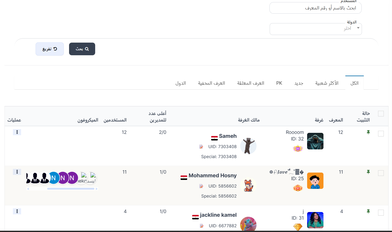 صفحة الغرف